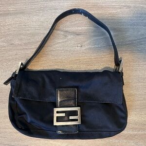 Fendi Black Nylon FF Buckle Baguette Bag